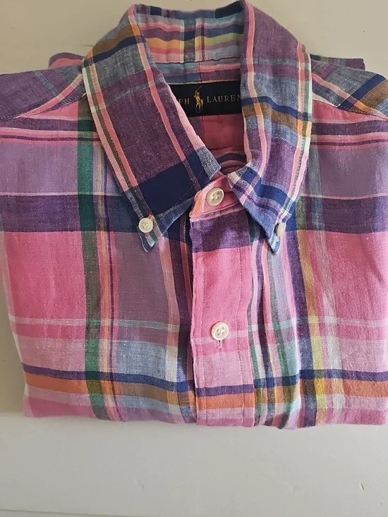 Ralph Lauren Linen Plaid Button Down Shirt Mens Small Pony Logo Summer - Picture 8 of 8